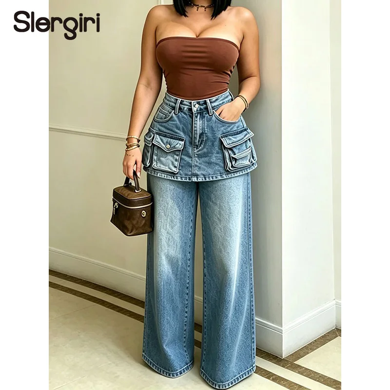 Slergiri 2 In 1 Multi Pocket Cargo Denim Pants Women Fashion New 2026 Summer High Waisted Streetwear Retro Wide Leg Jeans