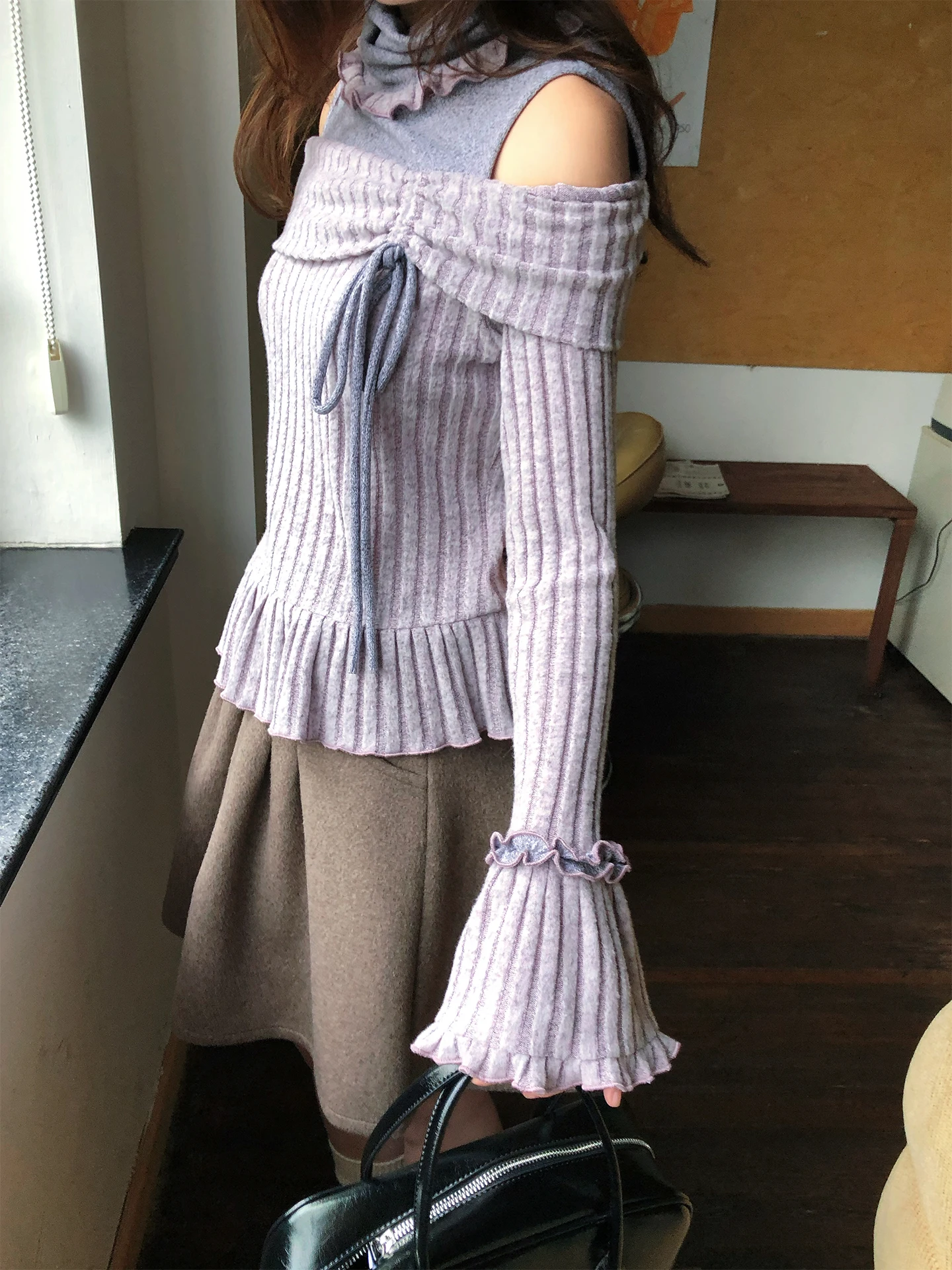 

Jingye Purple Mist Soft Petal Layered oulder Осень-Зима Дизайн Ранняя База irt Расклешенный Све Дизайн Топ Женский Трикотаж