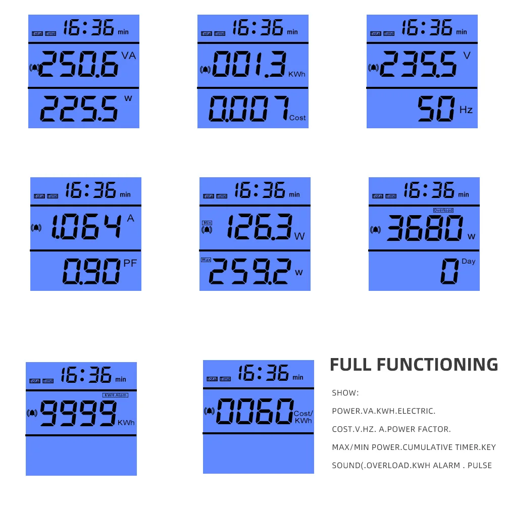 Imagem -05 - Digital Power Wattmeter Consumo de Eletricidade Tester Kwh Energia Medidor Potência Tensão Corrente Corrente ue Eua fr Plug ac 220v