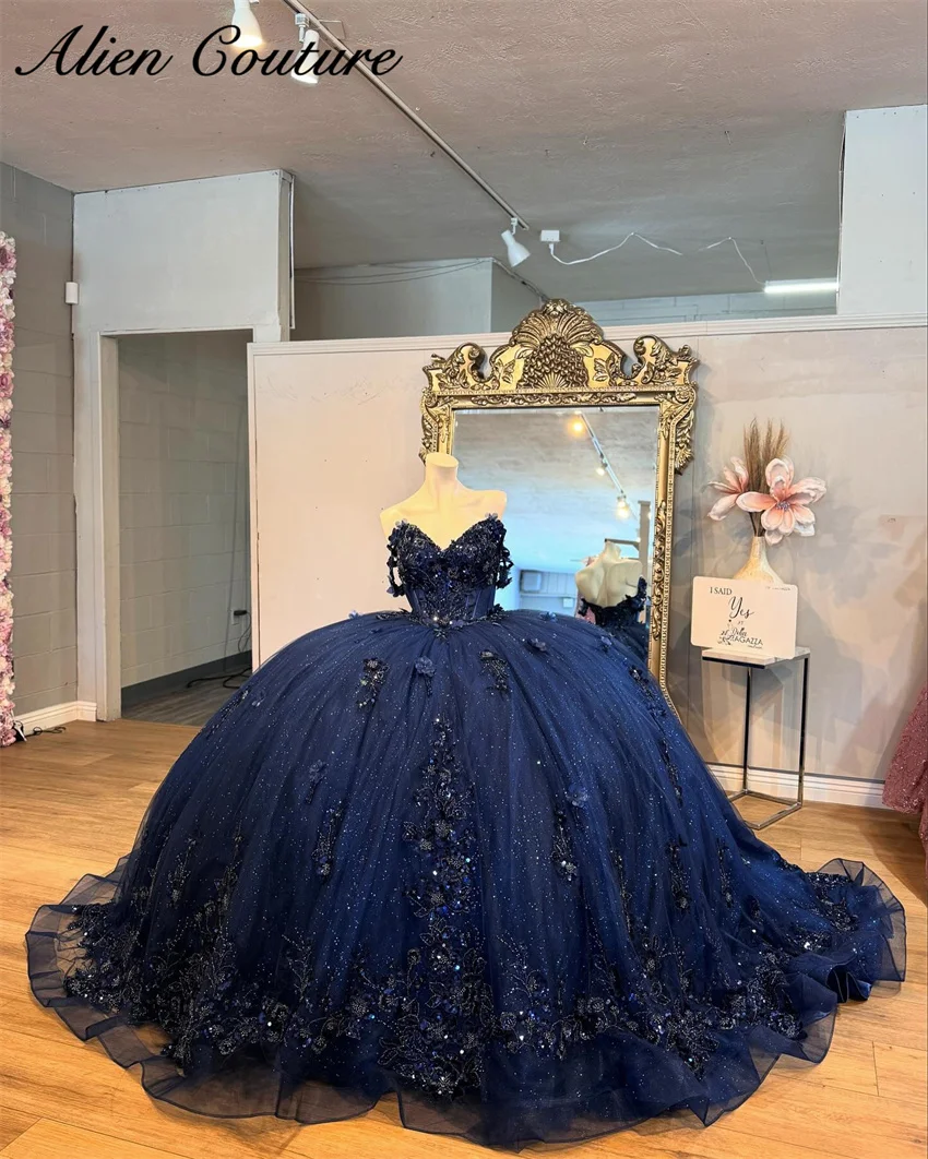 Exquisite Navy Blue Qinceanera Dress Floral Appliques Beading Princess Vestidos Ball Gown Sweet 16 Vestidos De 15 Años