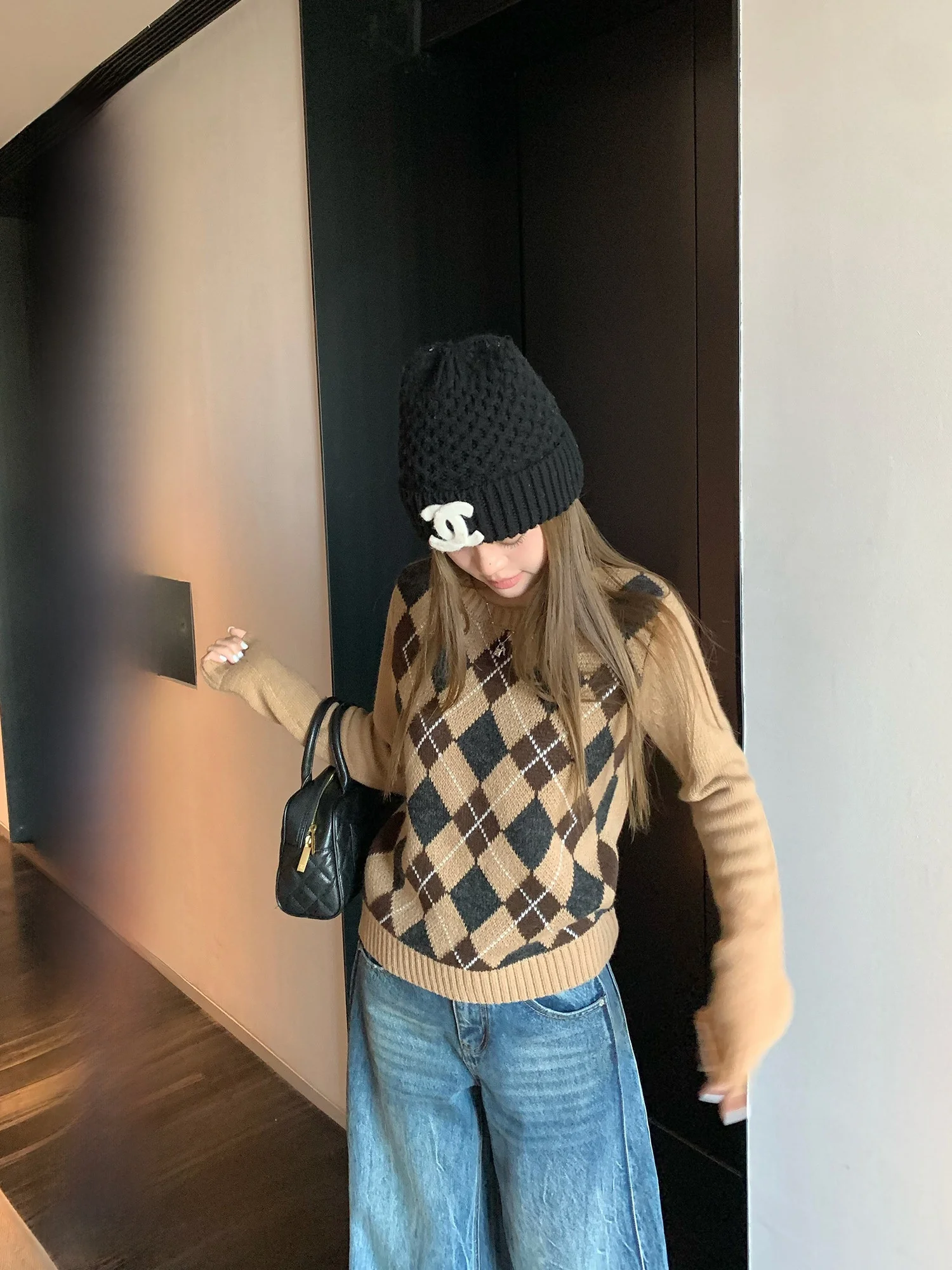 

Вязаный свитер из шерсти с узором «Сахарные каштаны» для женщин, осенне-зимний, с круглым вырезом, длинными рукавами, свободного кроя, с ромбовидным узором