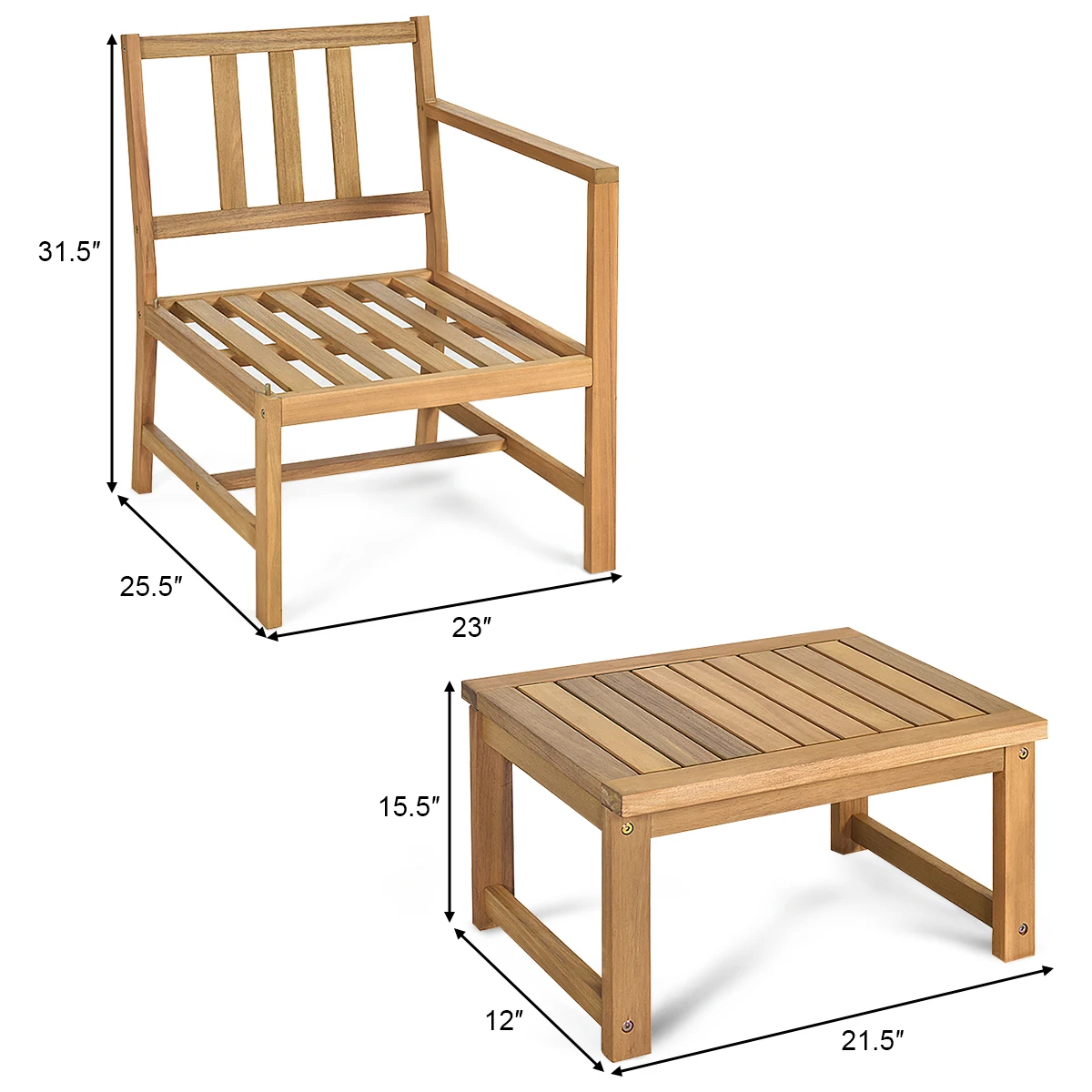 3 in 1 Patio Table Chairs Set Solid Wood Garden Furniture