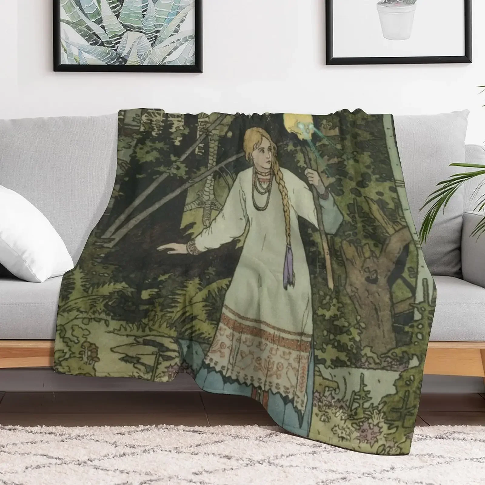 Vasilisa Taking the Skull with Burning Eyes Ivan Bilibin Throw Blanket Camping Sofas Blankets