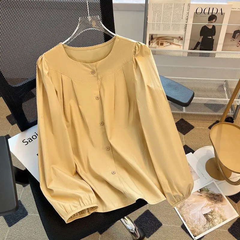 

Spring Autumn Round Collar Pleated Long Sleeve Cotton Shirt Women Loose Versatile
