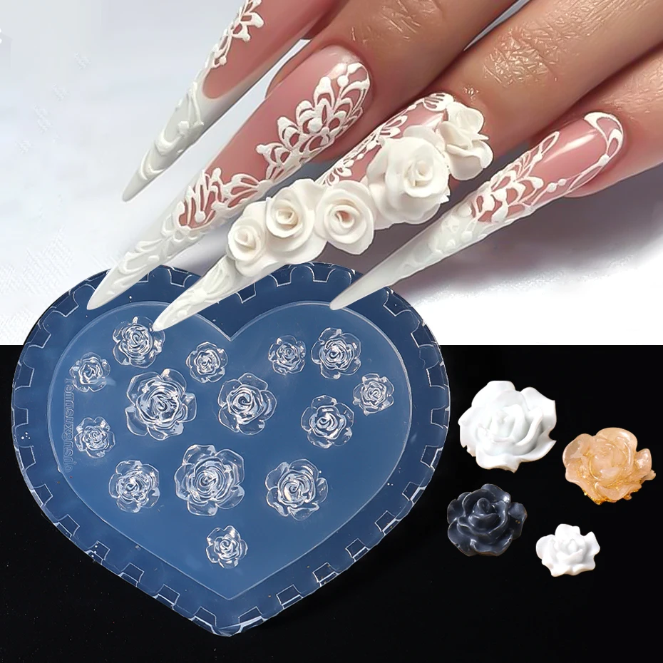 1PC Rose Flower Silicone Mold For Nails Camellia Love Bow Nail Decorations 3D Acrylic Stamping Plates DIY Design Manicure Mold