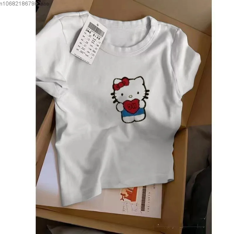 Sanrio Hello Kitty Cute Cartoon Print Short Sleeve T-shirt Summer New Slim Fit Spicy Girl Top American Style Niche Stylish Tees