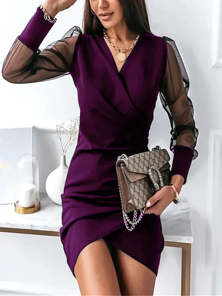 Abito da donna elegante con scollo A V in rete A maniche lunghe abito da ufficio da donna Slim A Line Dress 2023 primavera autunno abito solido femminile Vestidos