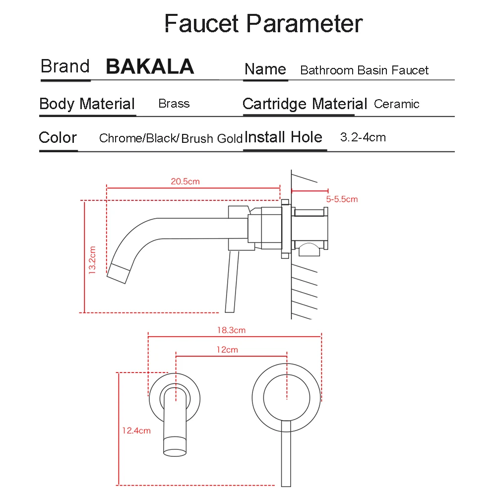 BAKALA Basin Faucet Bath Mixer Bathroom Sink Tap Wall Mount Brass Matt Black With Single Handle Hot Cold Water