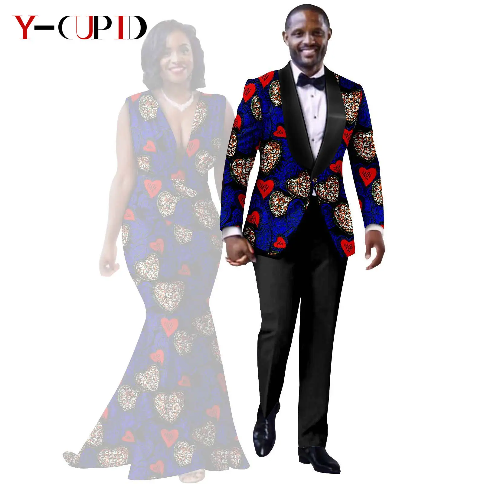 African Print Long Mermaid Dresses for Women Matching Couple Clothes Men Suits Top and Pant Sets Dashiki Party Wedding 25C005