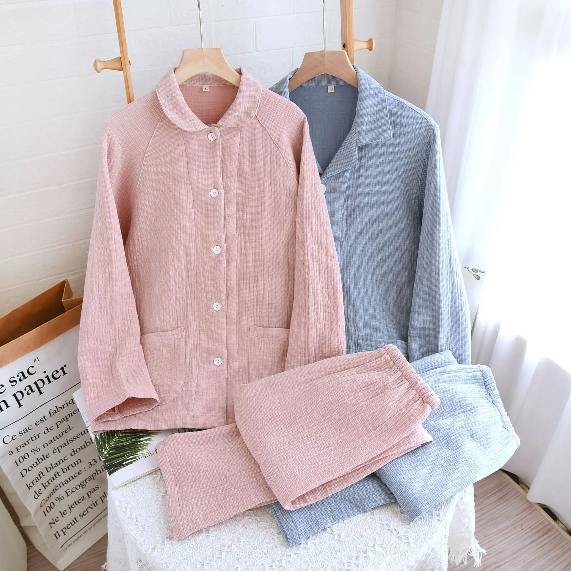 

Couples 2 Piece Outfits Pure Cotton 4 Layers Gauze Pajamas Set Spring Autumn Casual Sleepwear Cardigan Trousers Loungewear