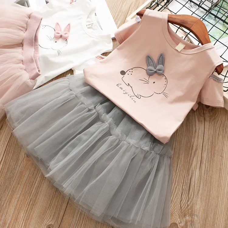 Girls' Clothing Sets Summer Hollow Sleeve Elegant Cartoon Rabbit Top +Gauze Skirt 2PCS Princess Children Baby Kids Clothes Suit