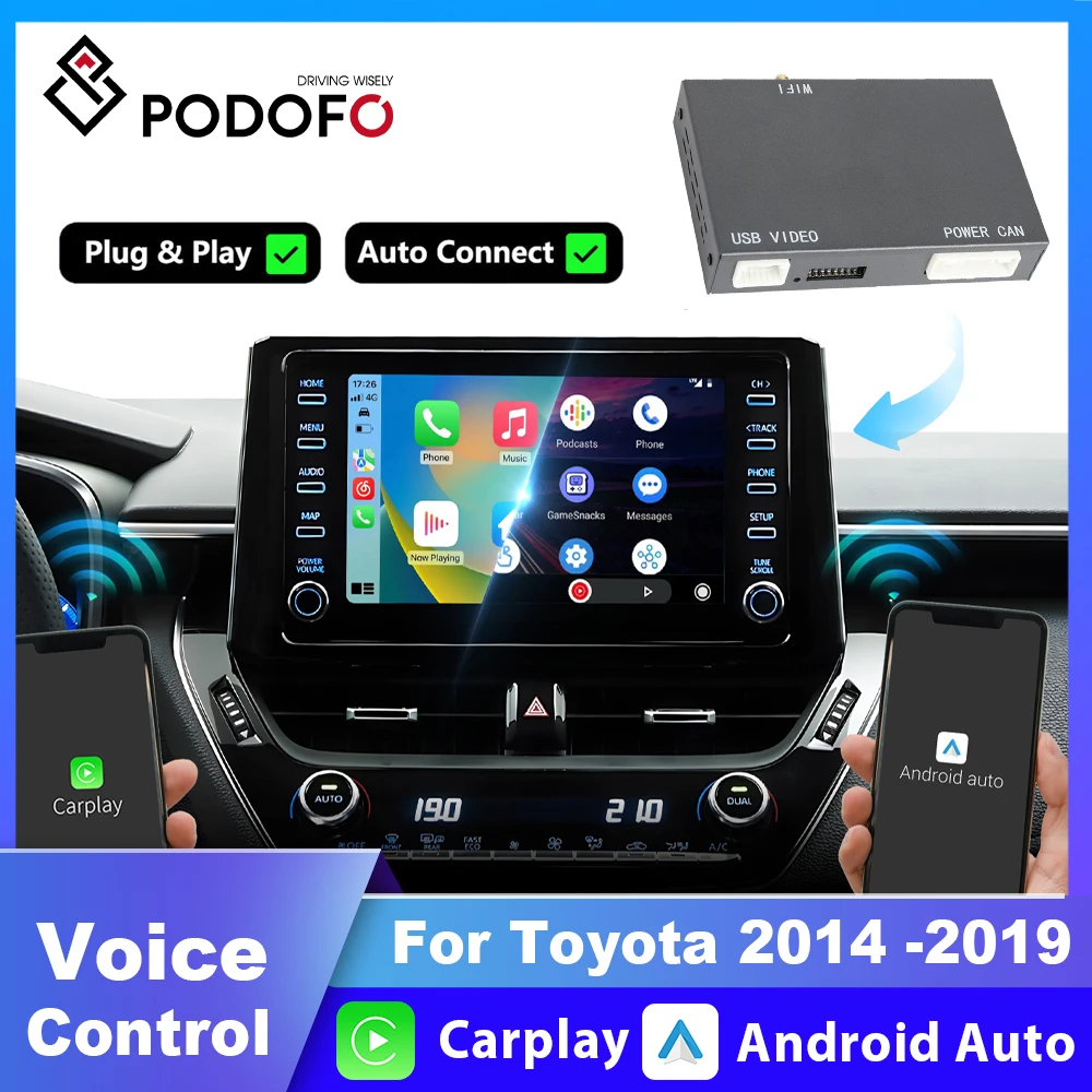 Podofo Wireless Carplay Android Auto Adapter for Toyota with Entune2.0 2014-2019 Tundra Highlander RAV4 Tacoma Camry Corolla