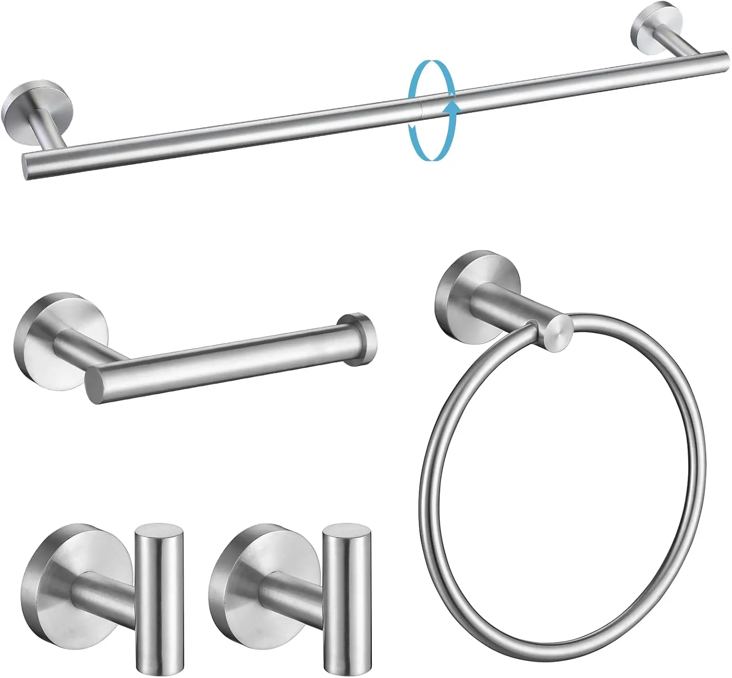 

5-Piece Stainless Steel Bathroom Hardware Set, 24 Inch Towel Bar with Ring, Holder & Hooks, Wall Mounted