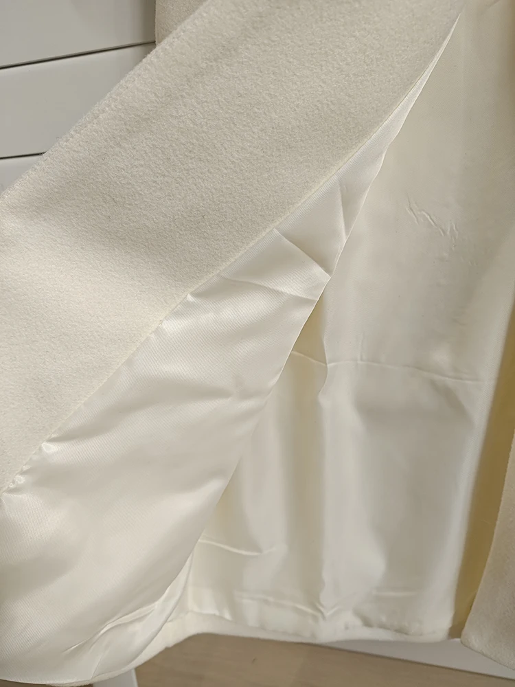 Eleganter langer Wollmantel für Damen, einreihiger Reverskragen, schmale Taille, maßgeschneiderte, formelle Oberbekleidung in voller Länge, creme/schwarzer Mantel