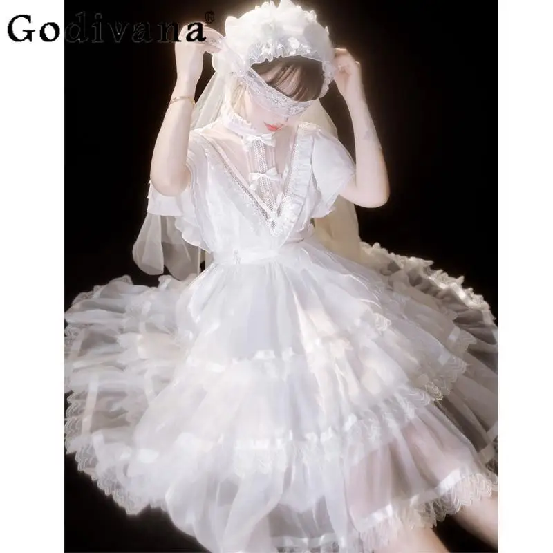 

Lolita Sweet V-neck Princess Cake Short Sleeve Dresses Spring Summer Cute Girls High Waist Versatile Age Reduction Fashion Dress