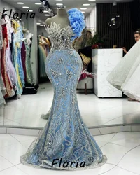 Arabic Woman Blue Beaded Pearls Mermaid Celebrity Party Dress 3D Lace Ruffles Evening Prom Occasion Gowns Robe de Soiree Elegant