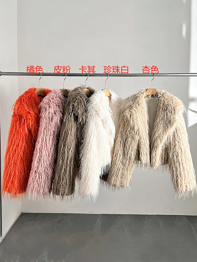 DEAT Fashion Women\'s Faux Fur Coat Lapel Long Sleeve Khaki Loose Thick Warm Short Fur Integrated Coat Winter 2024 New 7AB5114