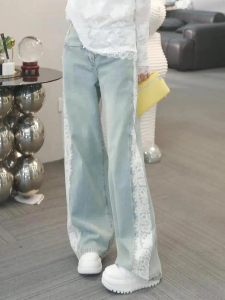 

Lace patchwork design casual jeans for women in spring 2025 high waist slimming and versatile straight leg wide leg pants