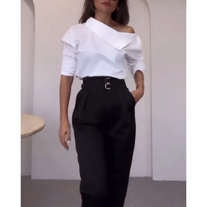 

New Women's Clothing Cross-border European and American Temperament Celebrity High-neck Metal Buckle Off-the-shoulder Shirt Top