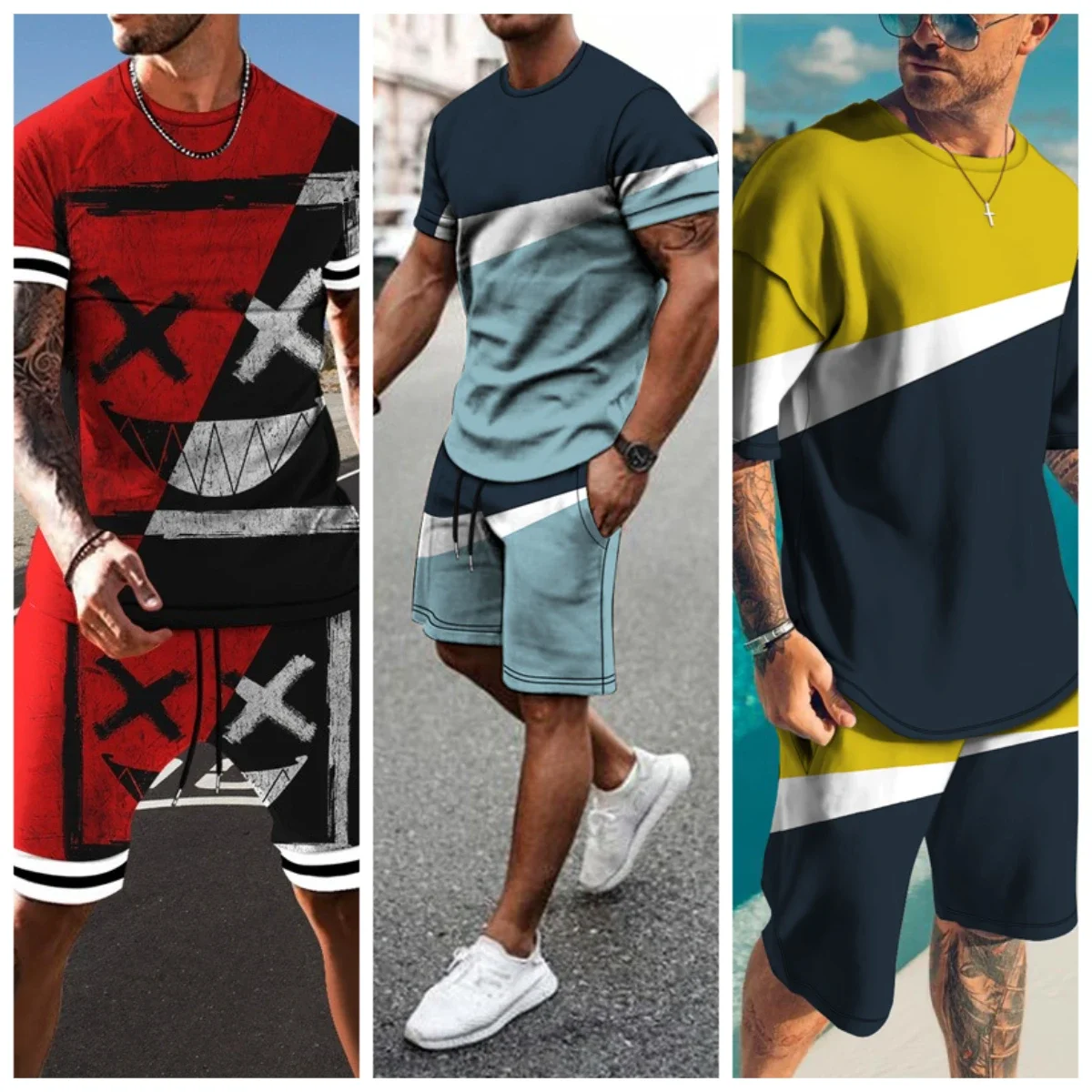 

Летний мужской хит продаж, модный повседневный мужской костюм с 3D принтом, дышащий, быстросохнущий, удобный мужской комплект футболок с круглым вырезом
