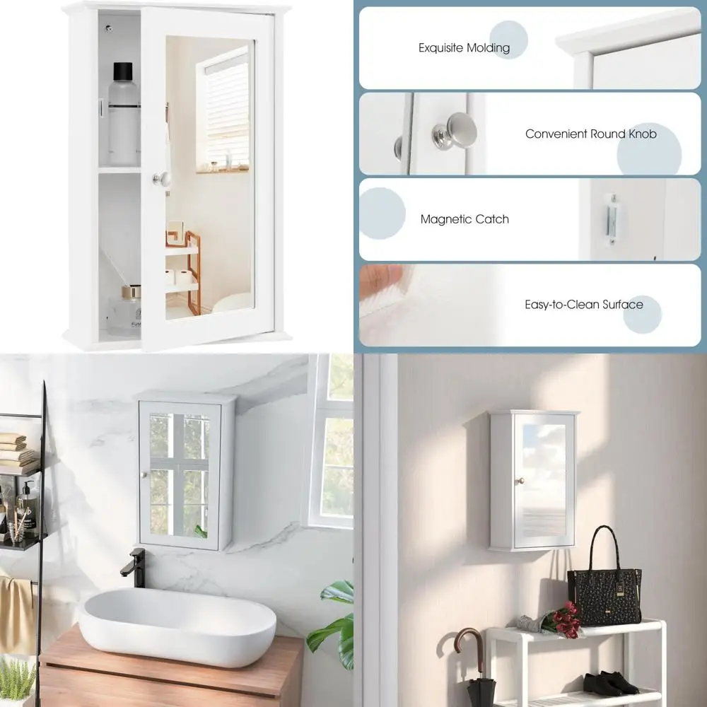 

Wall-Mounted Bathroom Storage Cabinet with Mirrored Door and Adjustable Shelf