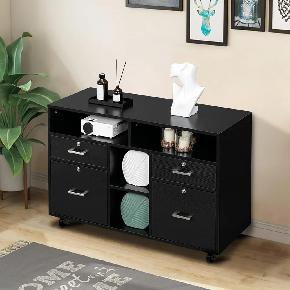 Wood Mobile File Cabinet with 4 Drawers  Printer Stand with Open Storage, Locking Lateral Filing Cabinet for Home Office