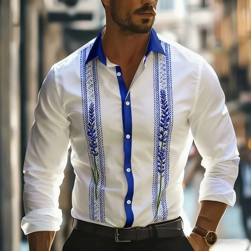 2026 New Men Elegant Lavender Floral Vertical Striped Print Shirt Lapel Collar Long Sleeve Button Up Slim Fit Business Casual Dr