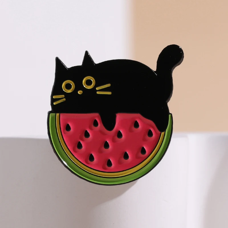 Gato fruta esmalte pinos melancia laranja limão kiwi abacate broche crachá dos desenhos animados animal jóias presente para crianças amigos