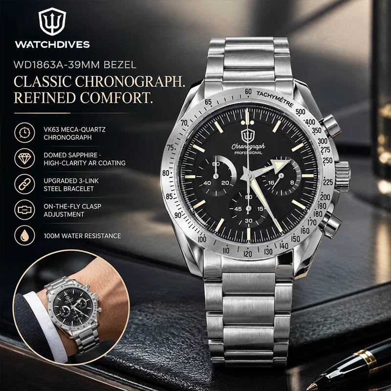 Watchdives WD1863A New Chronograph Watch VK63 Meca-Quartz 39Mm Domed Sapphire 100M Waterproof Luminous Three-Link Steel Bracelet