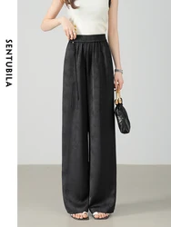 SENTUBILA Chinese Jacquard Satin Wide Leg Pants Women's Trousers 2024 Summer Casual Elastic Waist Straight Black Pant 142K54741