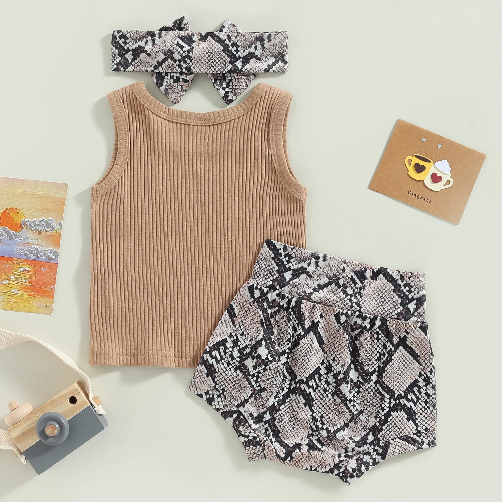 0-24M Toddler Baby Girl Summer Casual Solid Color Ribbed Sleeveless Crew Neck Tops Snakeskin Print Shorts Bow Headband 3pcs