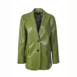 Spring Autumn Women Green Casual Faux Leather Suit Jacket Loose Notched Collar Single-breasted Long Sleeve Female Blazers Coat