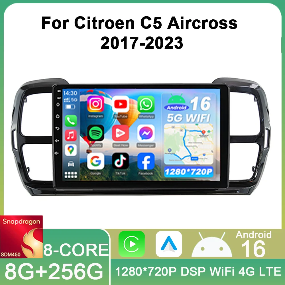 Android Auto for Citroen C5 Aircross 2017-2023 Multimedia Car Radio Monitor Player Autoradio GPS Navigation Stereo Carplay BT