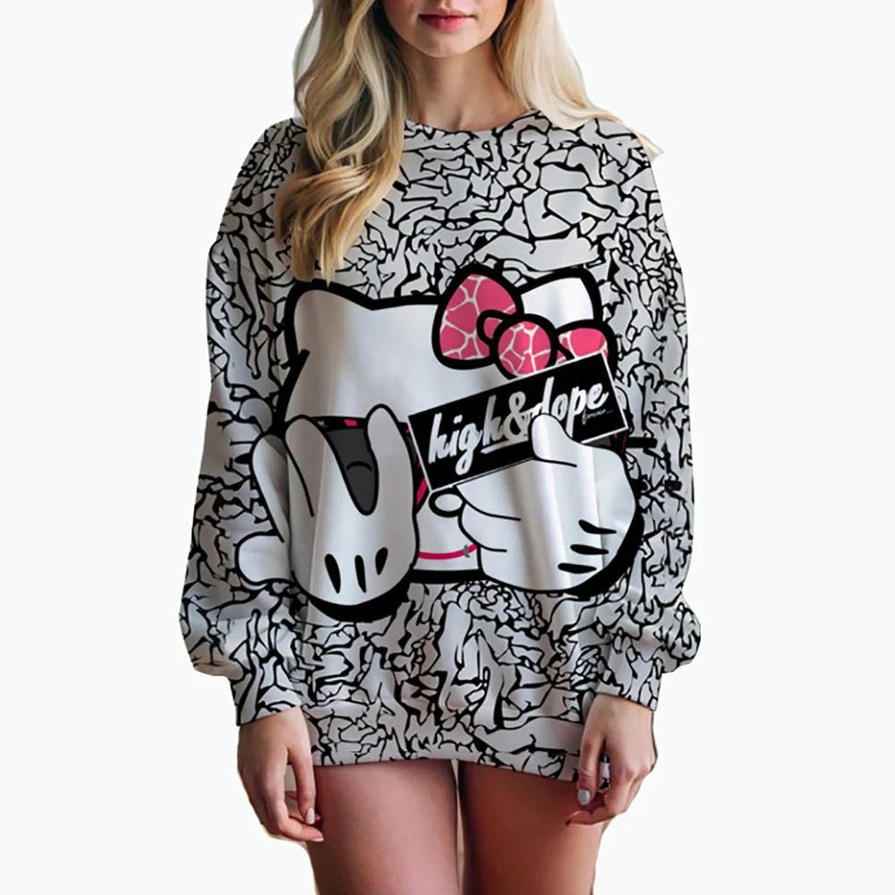 Hello Kitty Cartoon Anime Women Pullover Spring Autumn Men Round Neck Hoodie Clothes 2024 New Fashion Couple Sweatshirt Tops