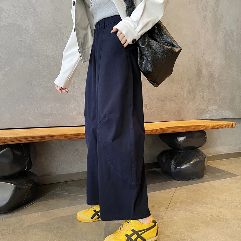 Vintage Elastic Waist Pants Women High Waist Wide Leg Ankle-length Black Pants Female Korean Fashion Zip Up Harem Pants Girls