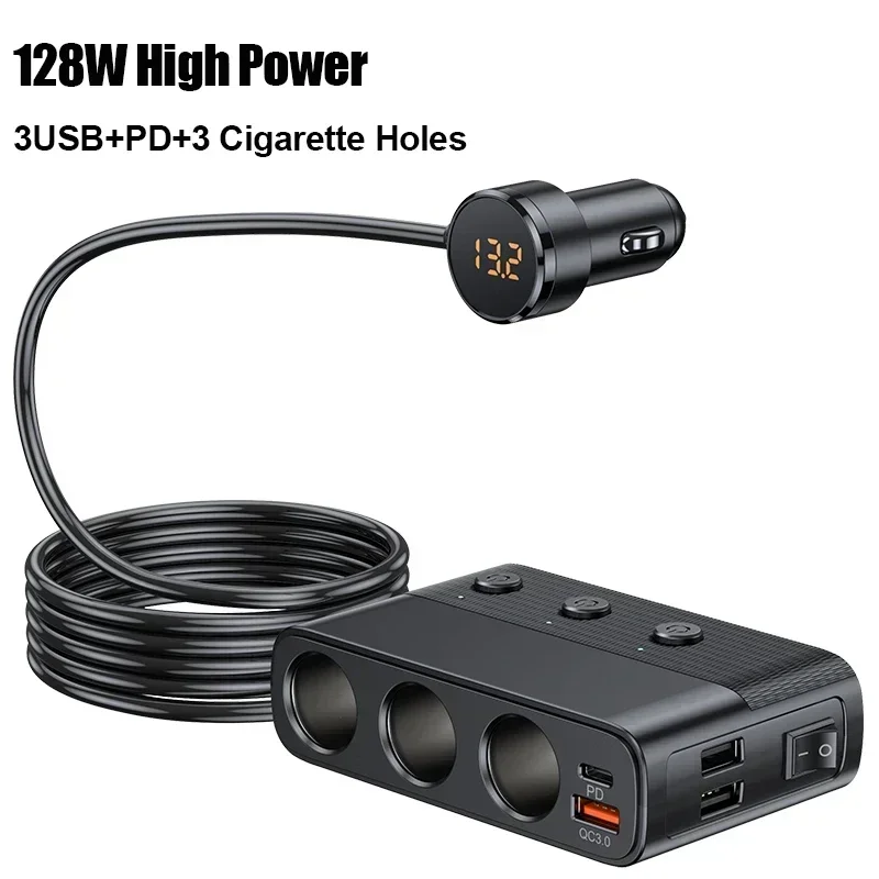 128W Car Charger Car Cigarette Lighter Socket Splitter With Switch Splitter Multi Ports PD30W QC3.0 Fast Charger Power Adapter