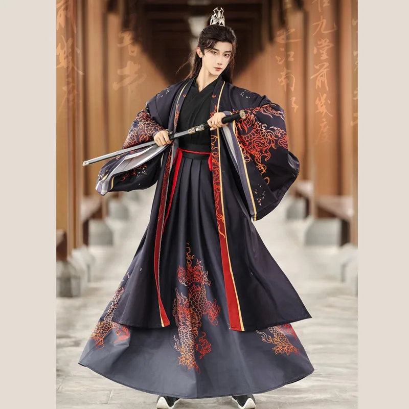 Couple men's Hanfu new Chinese style cross-neck long shirt cool men's and women's same knight suit daily ancient style