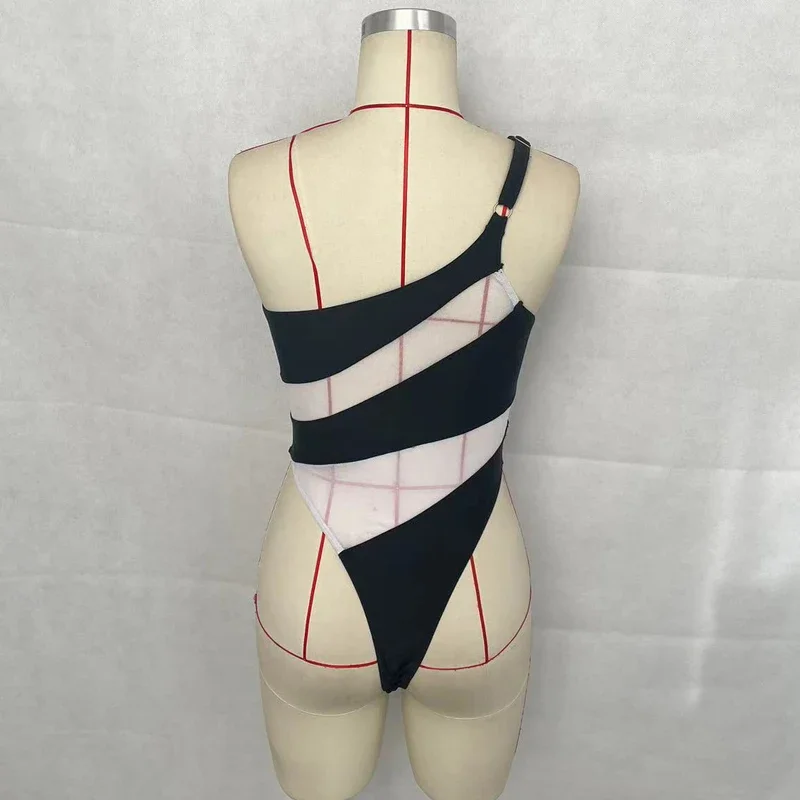 2026 Nowy Damski Strój Kąpielowy Jednoczęściowy Letni Seksowny Stylowy Patchworkowy Z Wycięciami Siateczkowy Na Jedno Ramię Wyszczuplający Wakacyjny Na Ramiączkach Plażowy