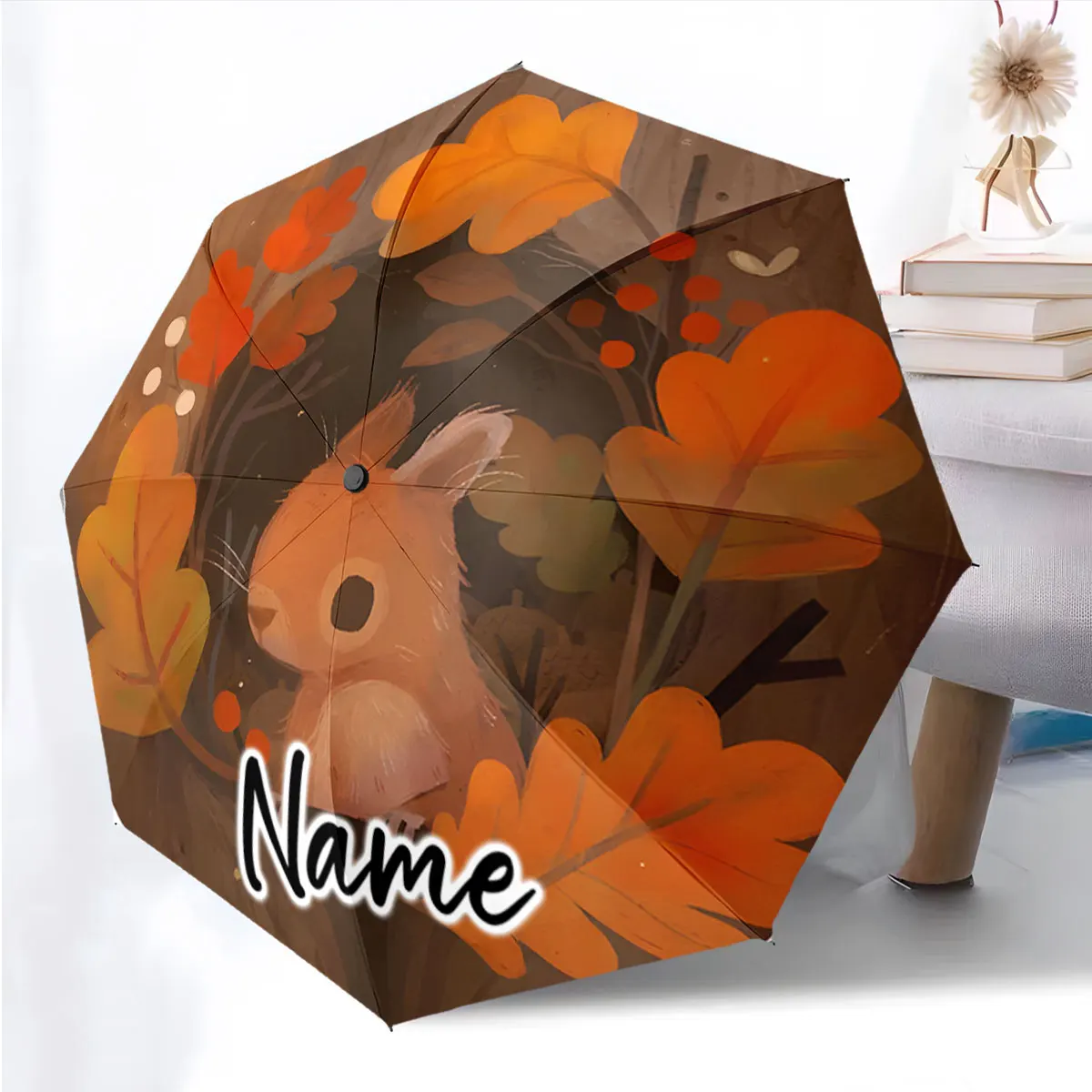 Custom Name Umbrella Squirrel and Autumn Leaves Umbrella Design Print 8 Iron Ribs Folding Umbrella Auto-Open Fashion Sunshade