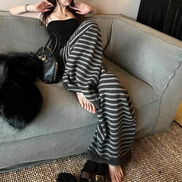 Women Wool Knitted Casual Stripe Loose Wide Leg Pants Autumn Spring Comfortable Warm Black White Pattern Y2k Pants Streetwear