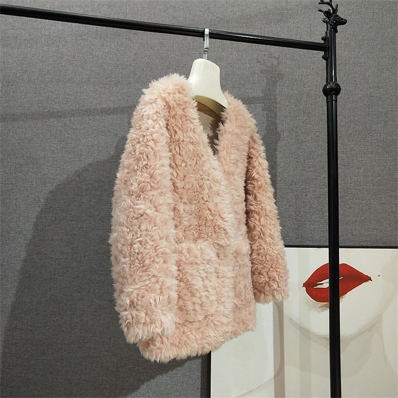 Women Girl Lamb Fur Warm Jackets Lady Sheep Shearling Fur Winter V-Neck Overcoat Parka JT3138