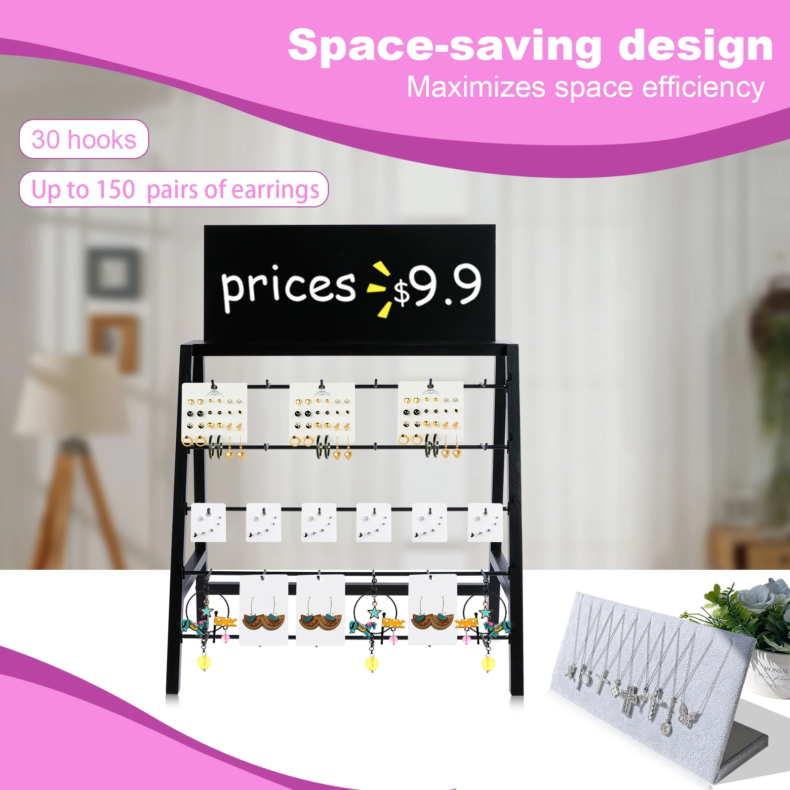 5-Tiers Jewelry Shelf Wooden Earring Display Stand with Advertising Board 30 Hooks Large Capacity Jewelry Organizer for Selling