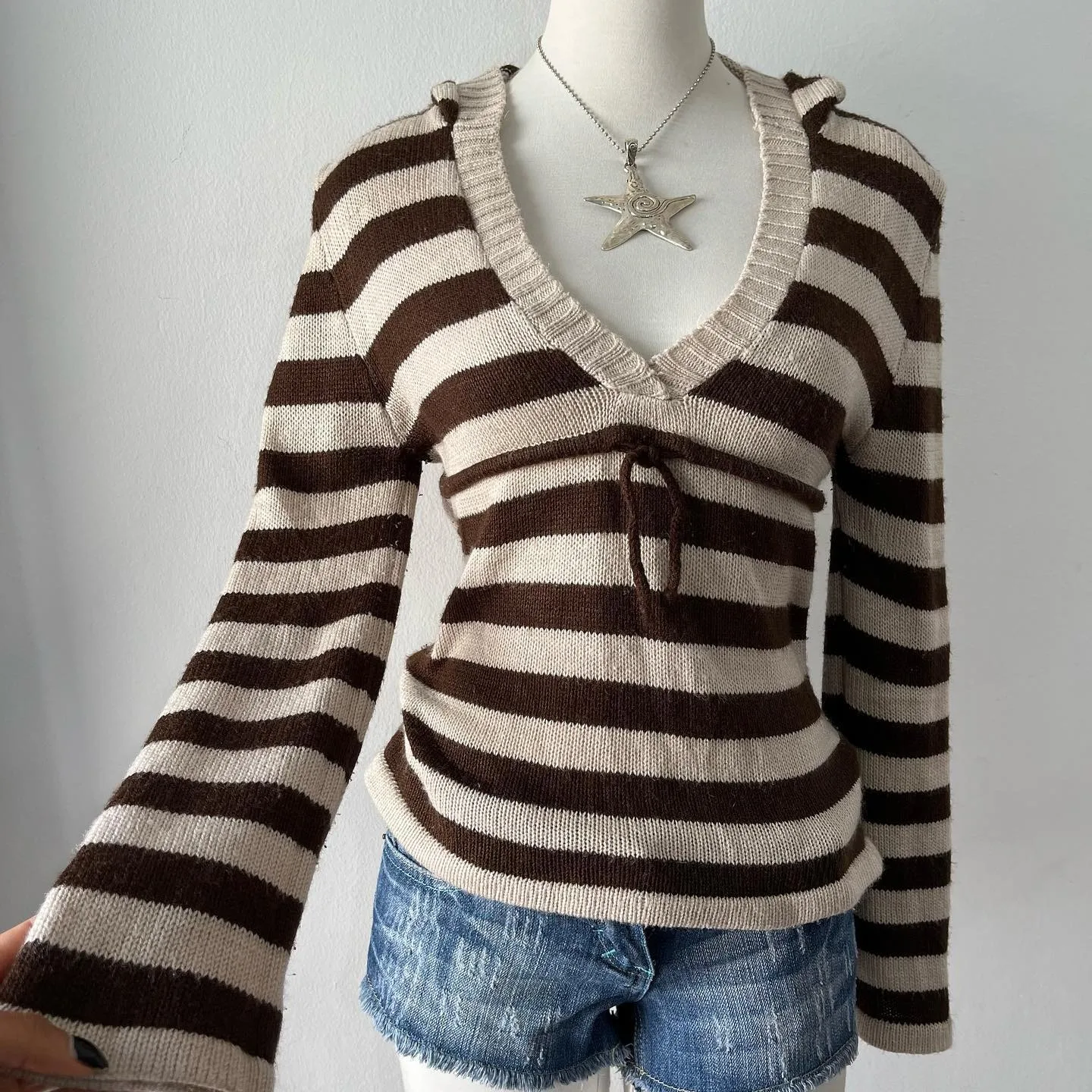 Y2K Knitted Sweater V-neck Pullover Sweater Sexy Women Full Sleeve Slim Stretch Knitwear Jumper tops Autumn Winter Stripe