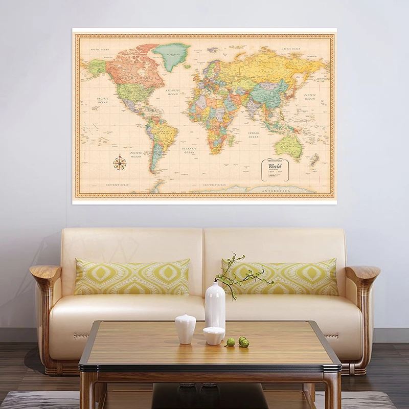 Póster Artístico de pared para decoración del hogar, lienzo clásico Vintage no tejido con mapa del mundo, material escolar, 150x90cm