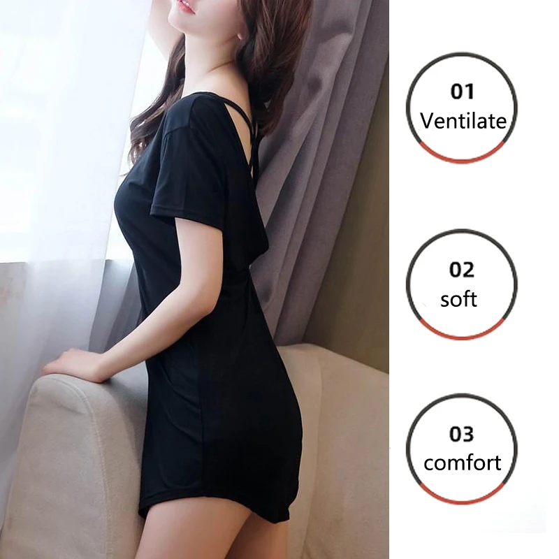 ثوب نوم نسائي بأكمام قصيرة ، بيجامة نسائية مثيرة ، أحادي اللون ، أسود ، فضفاض ، حجم كبير ، الصيف والخريف