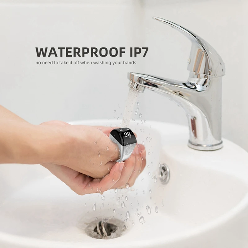 Anello intelligente in lega di zinco con scatola di ricarica Contatore digitale impermeabile Display controllato da APP 5 promemoria tempo di preghiera Argento, 20 mm