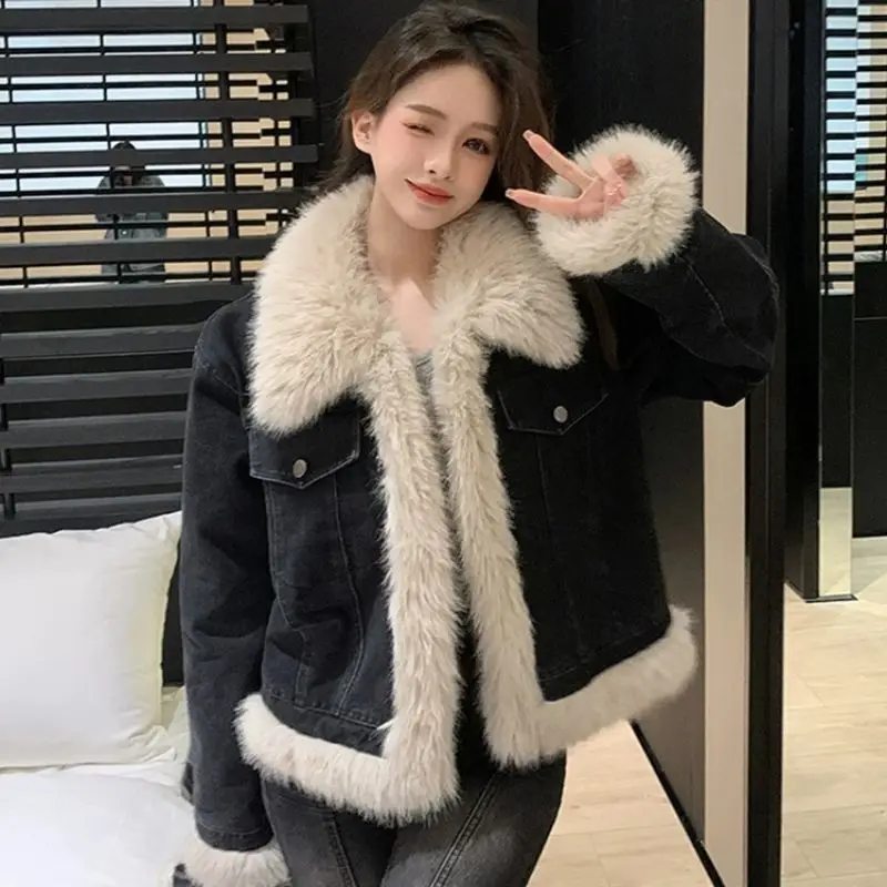 Korea Stitching Denim Cotton-Padded Jacket Coat Padded Plush Women'S Autumn Winter High-Grade Long-Sleeved Jacket