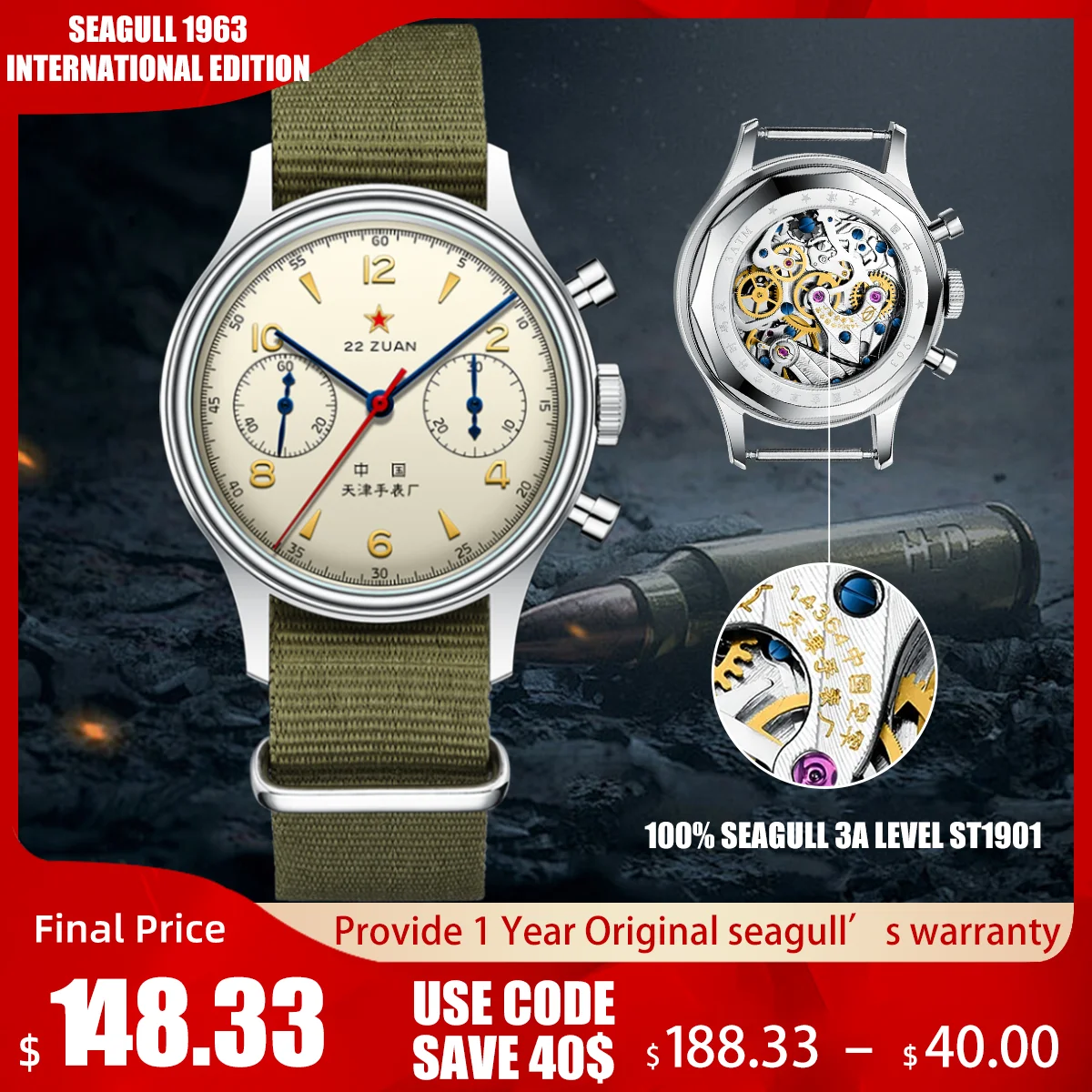 

Seagull Internaional Edition 38mm Men's 1963 Chronograph Mechanical Watch Pilot 3A ST1901 Movement Male Air Force Aviation New