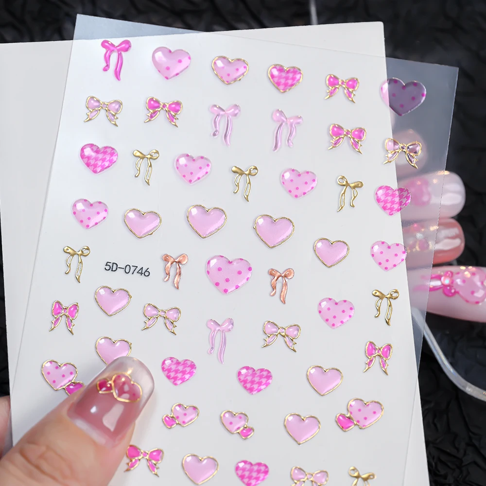 

5D Pink Love-Heart Ribbon Valentine's Day Nail Sticker Polka Dots Love Gold Bowknot Adhesive Nails Decals Luxury Manicure Slider