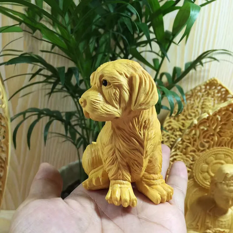 Yunyuan Factory Wholesale Boxwood Wood Carving Ornaments Puppy Hand Pieces Zodiac Dog Gift